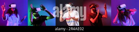 Set of different people with VR glasses on colorful background Stock Photo