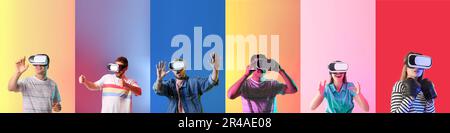 Set of many people with VR glasses on colorful background Stock Photo