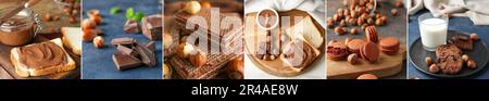 Collage of delicious chocolate desserts with hazelnuts on table Stock Photo