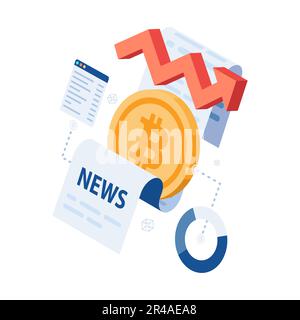 Flat 3d Isometric Bitcoin with Newspaper and Data. Bitcoin News and Cryptocurrency Data Analysis Concept. Stock Vector