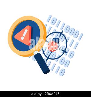 Flat 3d Isometric Magnifier Scanning Bug on Binary Code. Software Testing and Software Bug Concept. Stock Vector