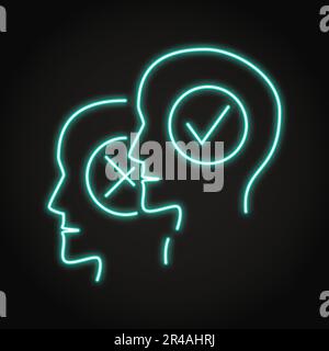 Opinion neon icon in line style. Agreement and disagreement. Heads with tick and cross symbols. Vector illustration. Stock Vector