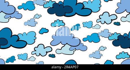 Seamless pattern of clouds, thunderclouds hand drawn in cartoon style. Vector illustration of isolated weather icons on white background. Weather fore Stock Vector