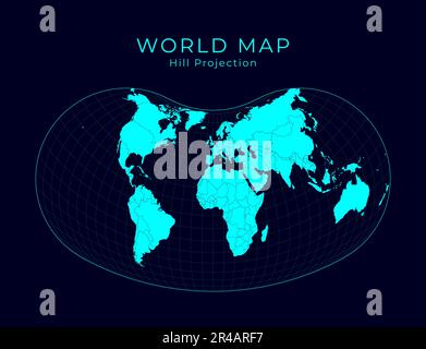 Map of The World. Hill eucyclic projection. Futuristic Infographic world illustration. Bright cyan colors on dark background. Attractive vector illust Stock Vector