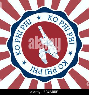 Ko Phi Phi Badge. Round logo of island with triangular mesh map and radial rays. EPS10 Vector. Stock Vector