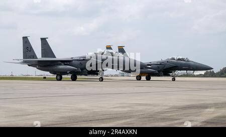 F-15E Strike Eagles assigned to the 336th Fighter Squadron arrive at Kadena Air Base, Japan, April 8, 2023. The Strike Eagles arrived from Seymour Johnson Air Force Base, North Carolina, to ensure continuous fighter presence through the phased return of Kadena’s fleet of F-15C/D Eagles to the United States. Stock Photo