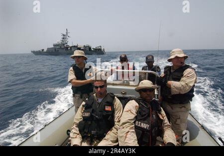 US Navy  Boarding team members assigned to the guided missile cruiser USS Normandy (CG 60) transport Djibouti Naval officer Lt. Stock Photo