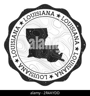 Louisiana outdoor stamp. Round sticker with map of us state with topographic isolines. Vector illustration. Can be used as insignia, logotype, label, Stock Vector