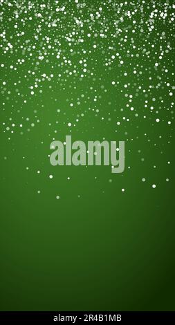 Magic falling snow christmas background. Subtle flying snow flakes and stars on christmas green background. Magic falling snow holiday scenery. Vertic Stock Vector
