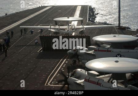 An E-2C Hawkeye prepares to take off from the flight deck of USS Dwight ...