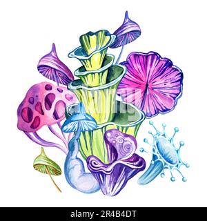 watercolor composition of fantastic cosmic mushrooms and stas on white background, hand draw illustration with magic colorful plant, neon color. Stock Photo