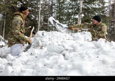 U.S. Army Staff Sgt. Quinnzale Tisdale and Sgt. First Class Grant Fitz, both paratroopers assigned to Headquarters and Headquarters Company, 2nd Infantry Brigade Combat Team (Airborne), 11th Airborne Division, clear the area of snow for tent construction at Husky Drop Zone in Yukon Training Area, Ft. Wainwright, Alaska, March 29, 2023, during Joint Pacific Multinational Readiness Center-Alaska 23-02. JPMRC-AK 23-02 helps Soldiers and leaders develop and refine the tactics, techniques, and procedures necessary to successfully operate in remote and extreme Arctic winter conditions and overcome e Stock Photo