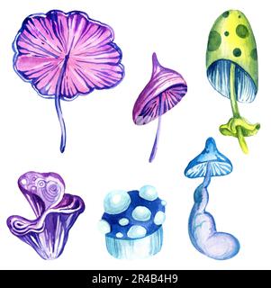 watercolor composition of fantastic cosmic mushrooms and stas on white background, hand draw illustration with magic colorful plant, neon color. Stock Photo