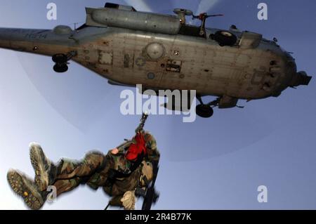 US Navy  A U.S. Air Force pararescueman, assigned to the 31st Rescue Squadron, is hoisted-up by a U.S. Navy HH-60H Seahawk helicopter. Stock Photo