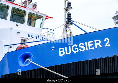 Stavanger, Rogaland, Norway, May 19 2023, Blue Work or Tug Boat Vessel Moored Stavanger Harbour With No People Stock Photo