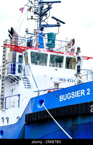 Stavanger, Rogaland, Norway, May 19 2023, Blue Work or Tug Boat Vessel Moored Stavanger Harbour With No People Stock Photo