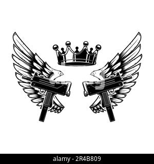 Two guns and wings with king crown. Design element for logo, label, sign, poster, badge. Vector illustration, Two guns and wings with king crown. Desi Stock Photo