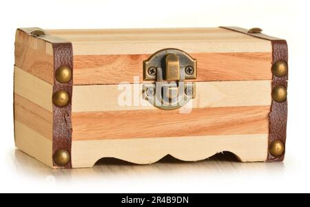 Hand made wooden box for keeping small personal belongings isolated on white background Stock Photo