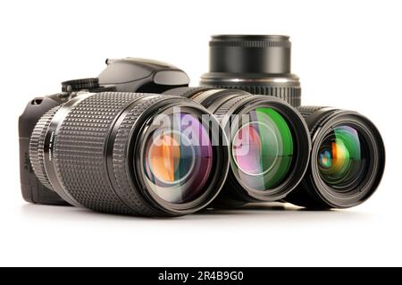 Composition with photo zoom lenses isolated on white background Stock Photo