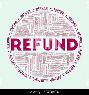 Refund - round badge. Text refund with keywords word clouds and circular text. Raspberry color theme and grunge texture. Amazing vector illustration. Stock Vector