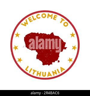 Welcome to Lithuania stamp. Grunge country round stamp with texture in Hot Butter color theme. Vintage style geometric Lithuania seal. Stock Vector