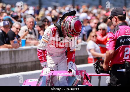 Indianapolis, United States. 26th May, 2023. Driver Kyle Kirkwood (27) of United States participates in the pit stop competition during Carb Day before the 2023 Indy 500 at Indianapolis Motor Speedway in Indianapolis. Credit: SOPA Images Limited/Alamy Live News Stock Photo