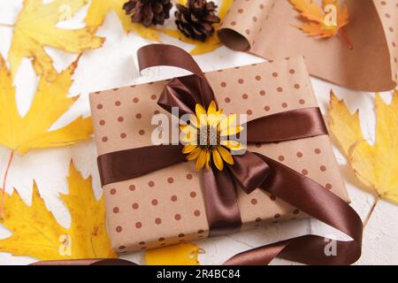 Natural Gift Wrap. Autumn creative holiday present. Handmade paper gift box with foliage dried leaves, pine cones on white. Thanksgiving day Stock Photo