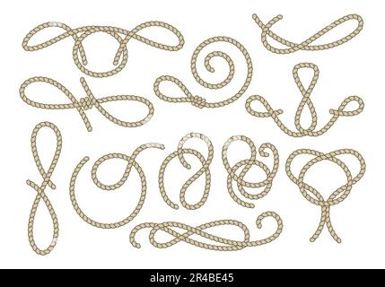 Set of isolated marine ropes decorative elements. Loops. frames, swirls, knots etc.. Vector illustration Stock Vector