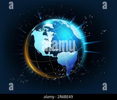 Planet Earth with Glowing Rays Science and Technology concept in black blue background. Vector illustration Stock Vector