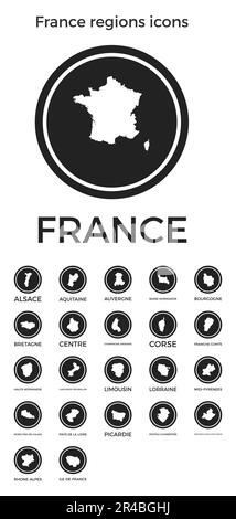 France regions icons. Black round logos with country regions maps and titles. Vector illustration. Stock Vector