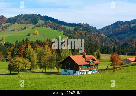 Farm near Oberstaufen, Allgaeu, Bavaria, Germany Stock Photo