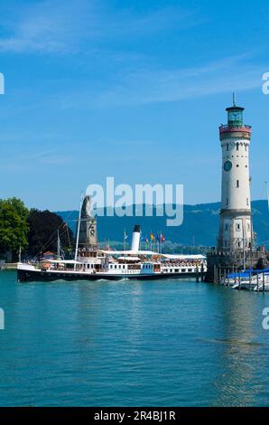 Harbour entrance, paddle steamer Hohentwiel, Lindau, Lake Constance, Bavaria, Germany Stock Photo