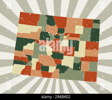 Colorado vintage map. Grunge poster with map of the US state in retro color palette. Shape of Colorado with sunburst rays background. Stock Vector
