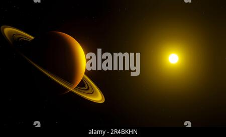 Rendered illustration of a planet with rings orbiting around the planet ...