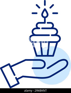 Hand holding birthday cupcake. Pixel perfect, editable stroke icon Stock Vector