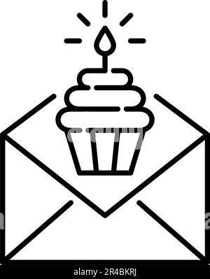 Birthday promotion e-mail. Cupcake with burning candle in letter. Pixel perfect, editable stroke icon Stock Vector