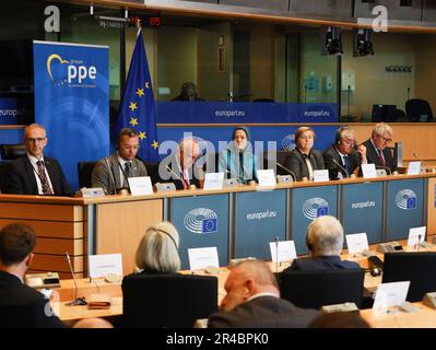 European Parliament, Brussels, Belgium 24/05/2023 – Maryam Rajavi, the president-elect of the National Council of Resistance of Iran, as the note spea Stock Photo