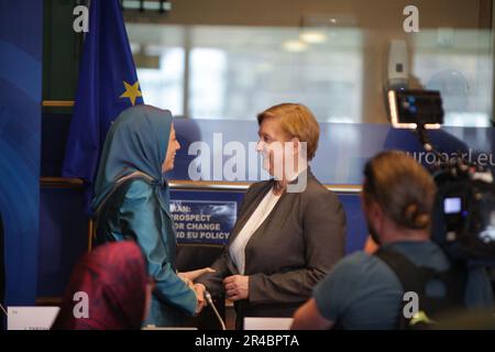 European Parliament, Brussels, Belgium 24/05/2023 – Maryam Rajavi, the president-elect of the National Council of Resistance of Iran, was greeted by A Stock Photo