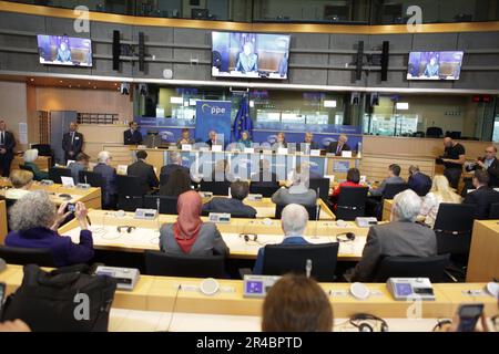 European Parliament, Brussels, Belgium 24/05/2023 – Maryam Rajavi, the president-elect of the National Council of Resistance of Iran, as the note spea Stock Photo