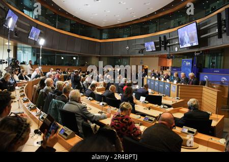 European Parliament, Brussels, Belgium 24/05/2023 – Maryam Rajavi, the president-elect of the National Council of Resistance of Iran, as the note spea Stock Photo