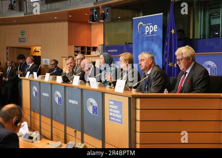 European Parliament, Brussels, Belgium 24/05/2023 – Maryam Rajavi, the president-elect of the National Council of Resistance of Iran, as the note spea Stock Photo