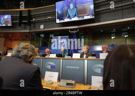 European Parliament, Brussels, Belgium 24/05/2023 – Maryam Rajavi, the president-elect of the National Council of Resistance of Iran, as the note spea Stock Photo