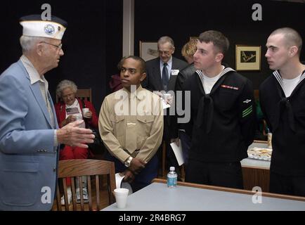 US Navy  Pearl Harbor survivor speaks about his involvement in several major battles during World War II. Stock Photo