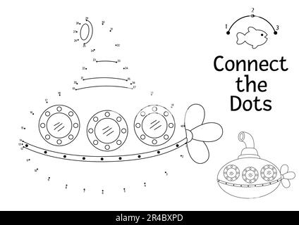 Vector dot-to-dot and color activity with cute submarine. Under the sea connect the dots game for children with funny boat. Ocean life coloring page f Stock Vector