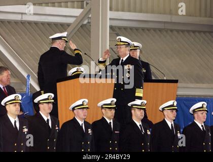 US Navy  Commanding Officer USS Ohio (SSGN 726) Cmdr. left, reports to Vice Chairman of the Joints Chiefs of Staff, Adm. Edmund Giambastiani Jr., that the guided missile submarine Ohio is ready. Stock Photo