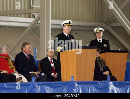 US Navy  Vice Chairman of the Joint Chiefs of Staff, Adm. Edmund Giambastiani, Jr., talks about the importance of the guided missile submarine (SSGN) program at the return to service ceremony for the USS Ohio. Stock Photo