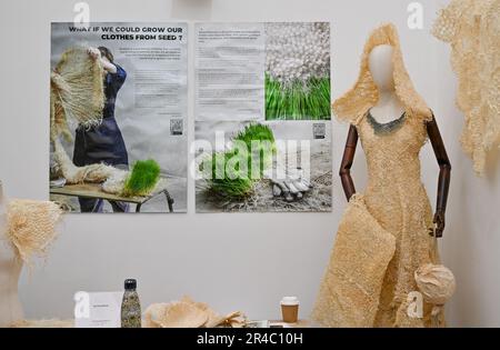 London, UK. 27th May, 2023. Chelsea, London, UK on May 27 2023. Clothing grown entirely from grass root. Created by artist and material innovator, Zena Holloway at the RHS Chelsea Flower Show at the Royal Hospital Chelsea, London, UK on May 27 2023. Credit: Francis Knight/Alamy Live News Stock Photo