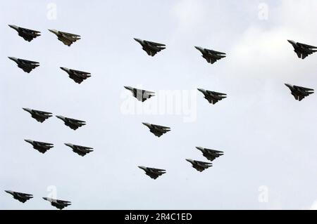 US Navy  F-14D Tomcats from Fighter Squadron Two One Three (VF-213) and VF-31 conduct a flyover of Naval Air Station Oceana airfield. Stock Photo