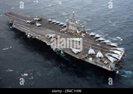 US Navy  F-14D Tomcats are staged in launch position for their departure from the Nimitz-class aircraft carrier USS Theodore Roosevelt (CVN 71) to their home port of Naval Air Station Oceana. Stock Photo