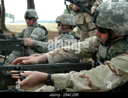 US Navy Yeoman 1st Class a Navy Reservist from NR Tactical Support Center Headquarters Unit 5, loads a GAU-21 .50 caliber machine gun during an Individual Augmentee Training Course at the McCr Stock Photo